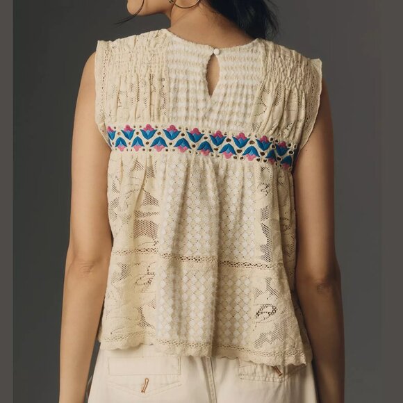 NWOT Anthropologie Let Me Be Sleeveless Embroidered Babydoll Blouse Blue Motif M - Picture 3 of 10